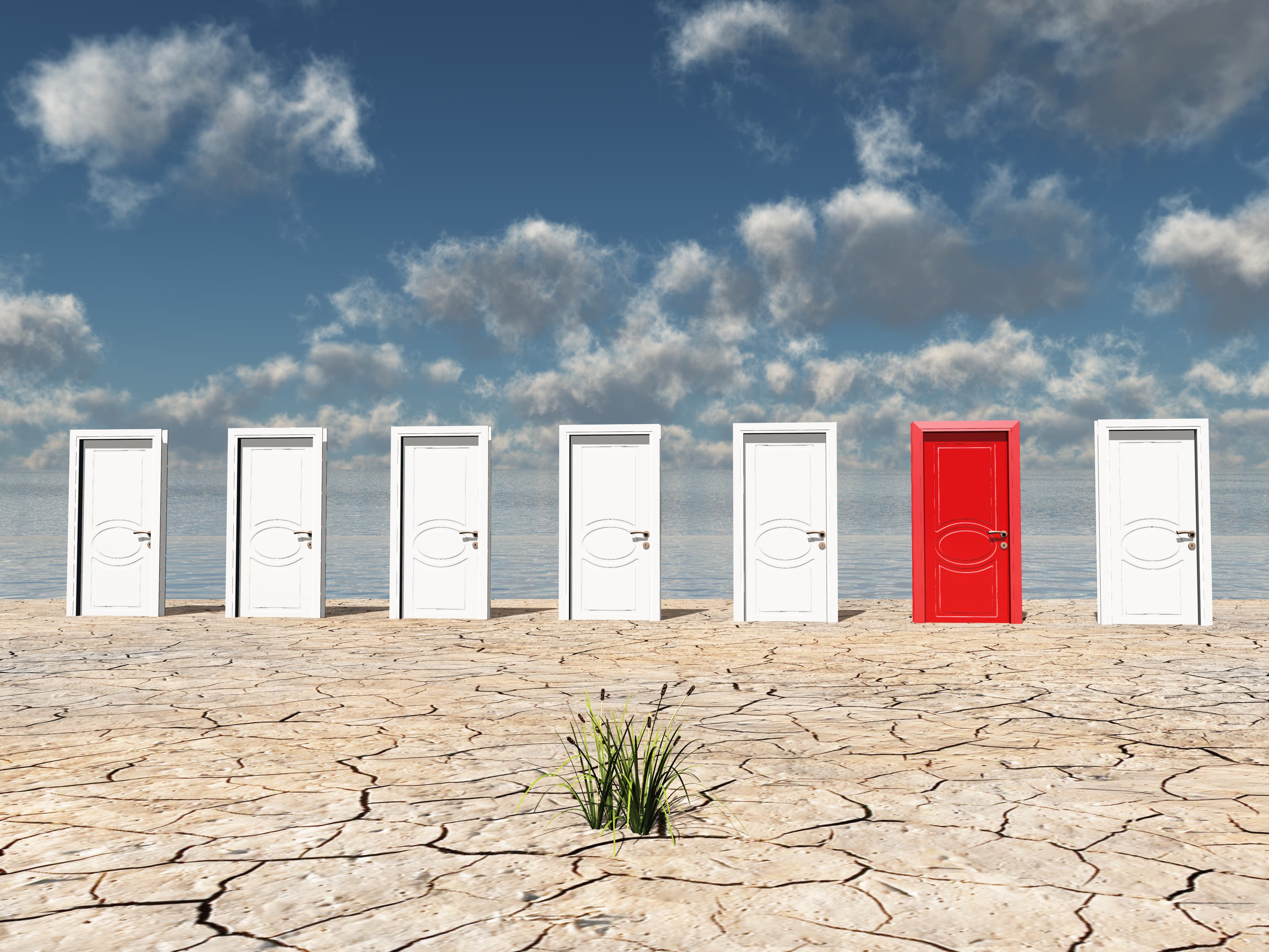 Desert scene with dry, cracked ground, cloudy blue sky, and several white doors on the horizon. All doors are white except one red door.
