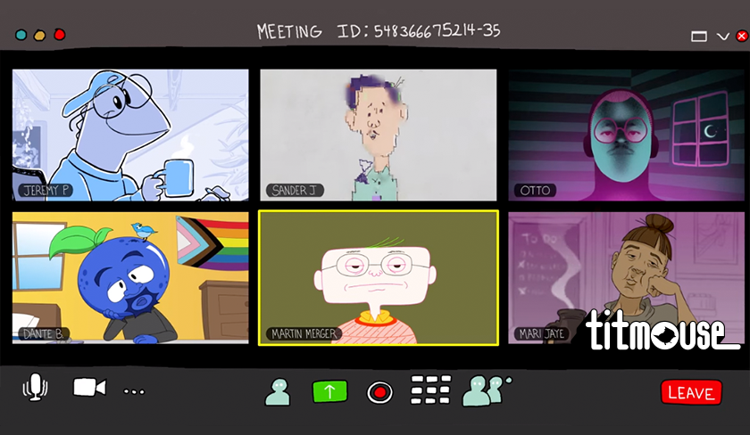 Illustration of a remote meeting with six bored-looking characters on screen